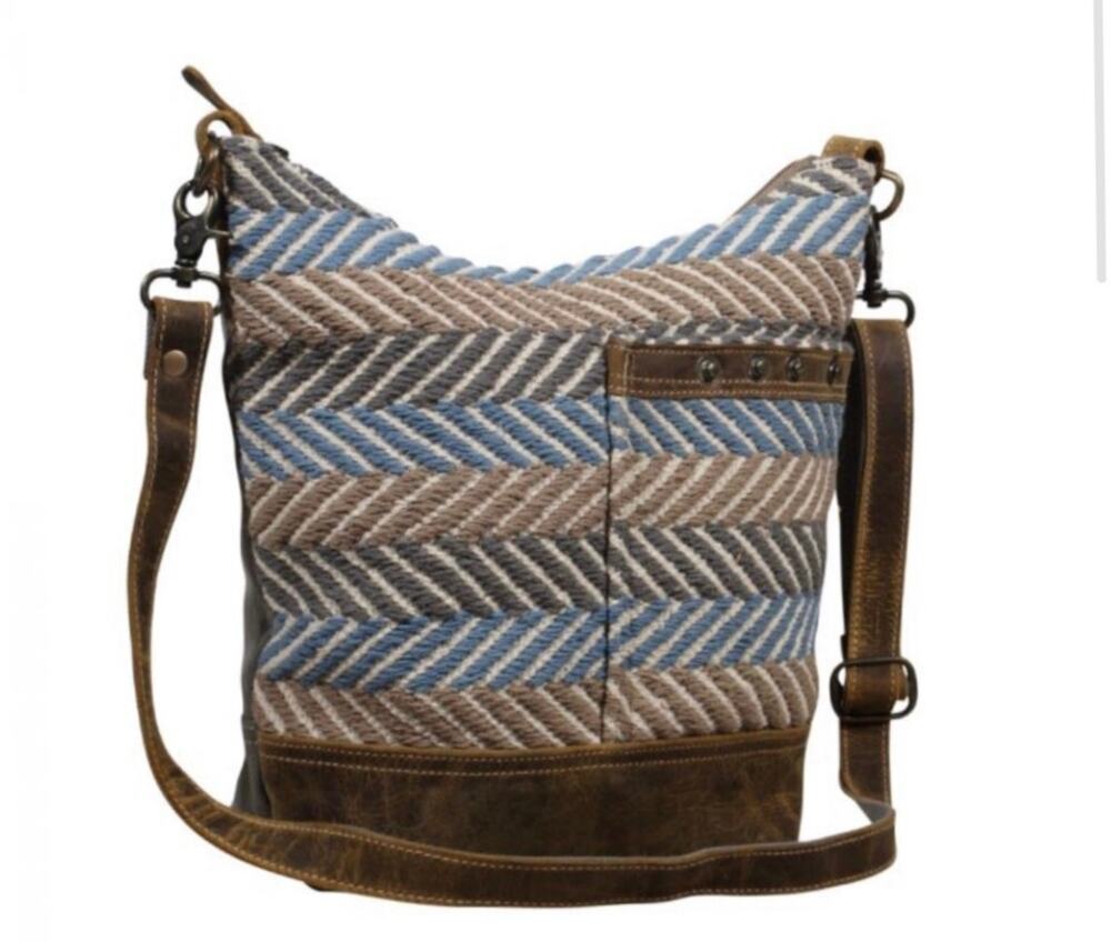 MYRA Blue Chip Shoulder Bag Cotton Fabric Leather Adjustable Strap India NWT